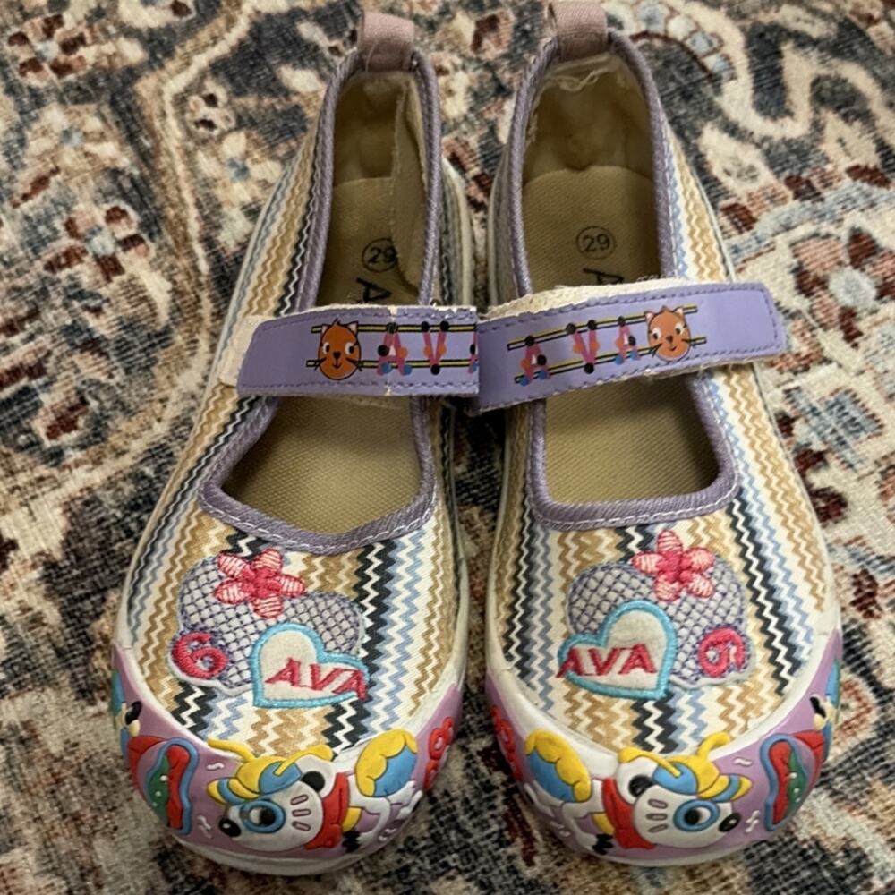 AVA Girls Mary Jane Flats EU 29 US 11 Multicolor Cartoon Animal Fabric